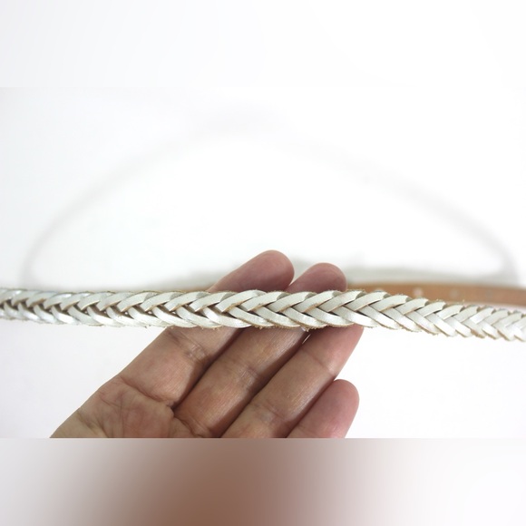 Pearlized Skinny White Silver Platinum Woven Braided Leather Belt, Narrow Silver - Picture 7 of 9